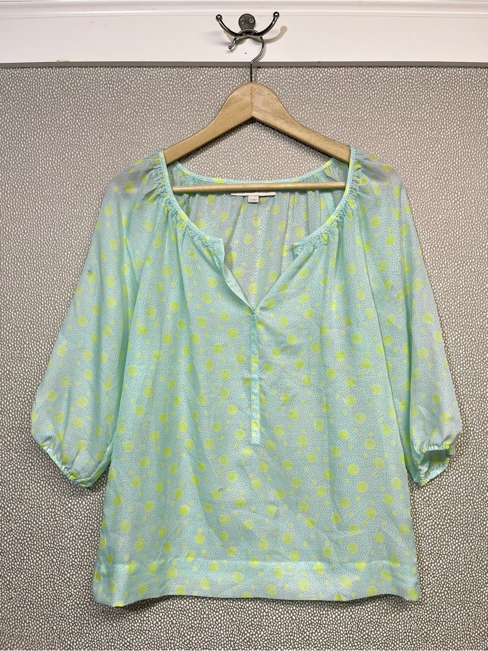 XS Ann Taylor Loft Mint Green & Lime Polka Dot Peasant Blouse